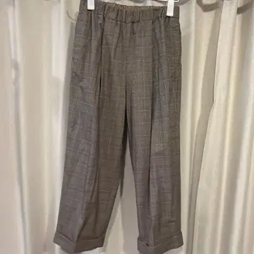 오로네 체크 무늬 허리밴딩 와이드 팬츠 그레이 계열