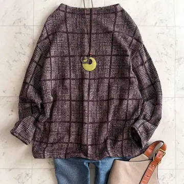새상품급 플랜테이션 코튼울 체크 무늬 긴팔 블라우스 브라운