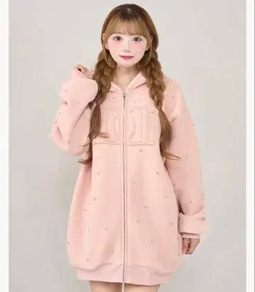 DD 로고 비쥬 집업 후드티 핑크