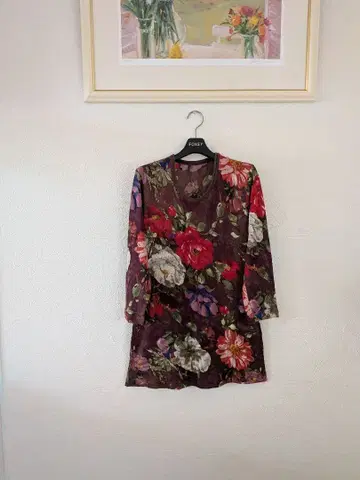 미사용 실크 50 캐시미어 50 수채화 같은 장미 꽃무늬 튜닉 원피스