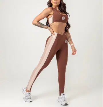 브라운 베이지 사이드 스트라이프 레깅스