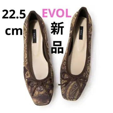 22.5cm 스티치 스퀘어 소프트 발레 EVOL 새상품 브라운 콤비 리본