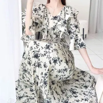 플라워 프린트 프릴 소매 롱 원피스 M