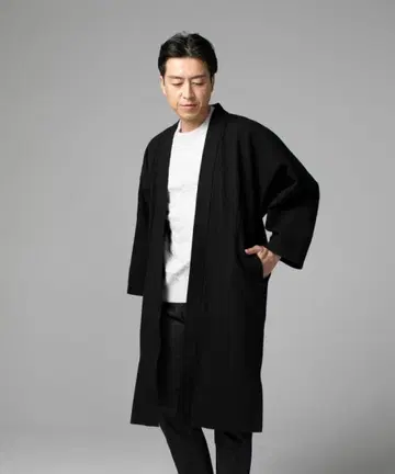 두꺼운 자수 롱 하오리 블랙/L 사이즈