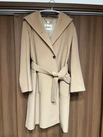 ROPE 베이지 롱 코트 후드 부착 캐시미어 혼방