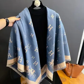 H 마크 마차 디자인 대형 스톨 한국 스타일 숄 따뜻한 가을/겨울 블루