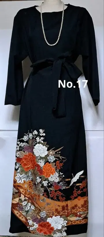 블랙 전통 예복 기모노 리메이크 꽃무늬 롱 드레스 No.17