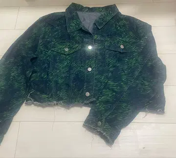 크롭 데님 자켓 그린과 파랑 스트라이프