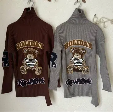2세트 와펜 비쥬 곰 터틀넥 리브 니트 스웨터