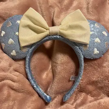 디즈니랜드 머리띠 스카이블루 하트 화이트 리본