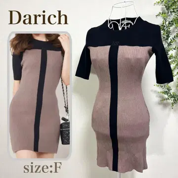다리치 바이컬러 리브 니트 미니 원피스 모카 F 니트