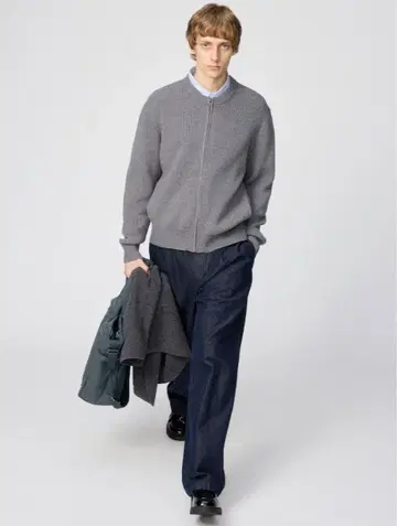 유니클로 c 크루넥 풀 집업 가디건 그레이 L