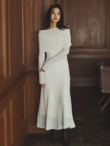 nuans 레이스 워크 니트 원피스 화이트