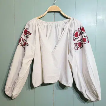 우크라이나 자수 블라우스 튜닉 장미 코튼 벌룬 슬리브