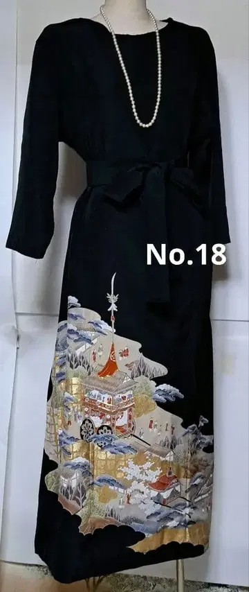 블랙 전통 예복 기모노 리메이크 전통 자수 롱 드레스