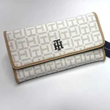 타미힐피거 3단 폴더형 장지갑 로고 올 패턴 가죽 베이지 TOMMY