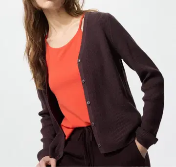 유니클로 워셔블 니트 리브 가디건 M 19 와인 브라운