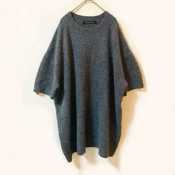 컨디션 최상 미즈이로 인드 폭넓은 반팔 니트 스웨터 롱 기장 울 그레이
