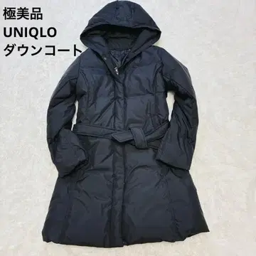 [ 미사용급 ] 유니클로 다운 롱 코트 벨트 포함 후드 경량 블랙