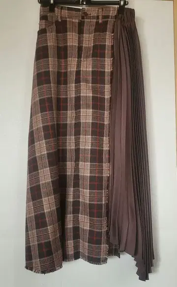 HERENCIA 사이드 플리츠 체크 무늬 비대칭 스커트 사이즈 38