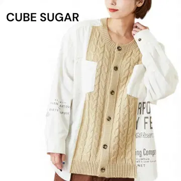 CUBE SUGAR 케이블 니트 로고 프린트 도킹 셔츠