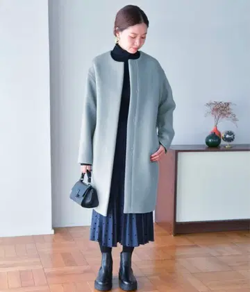 22AW 즉시 완판 IENA 램스울 노카라 롱 코트 색스 블루