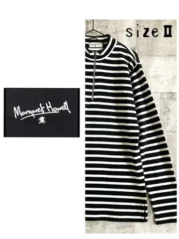 마가렛호웰 구형 택 코튼 티셔츠 집업 블랙 화이트 보더