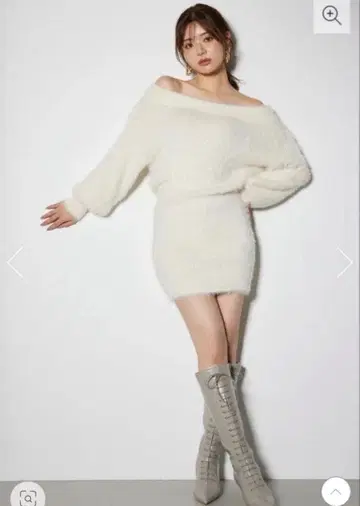 rienda 오프숄더 샤기 미니 니트 원피스 화이트