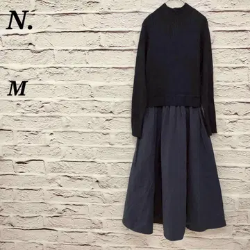 N M 도킹 원피스 긴팔 믹스 이소재 허리밴딩 네이비