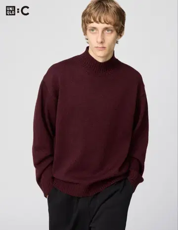 미사용 새상품 유니클로C 로우게이지 하이넥 스웨터 와인 L 사이즈
