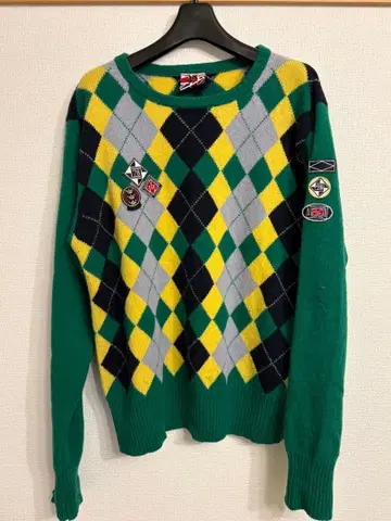 아가일 무늬 니트 스웨터 개성파 와펜 포함 그린 구제 의류