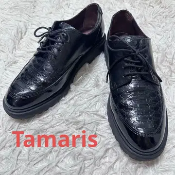 Tamaris 레이스업 슈즈 36 엠보 에나멜 블랙 천연 가죽
