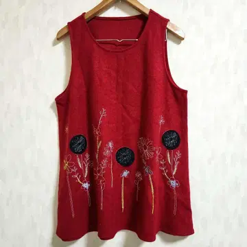 코랄 코랄 빨간색 슬리브리스 튜닉 사라가 자수 울 혼방 M~L