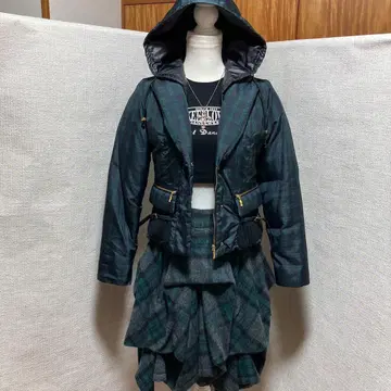 헤이세이 갸루 y2k 그런지 페어리 체크 테일러 칼라 숏 다운 자켓