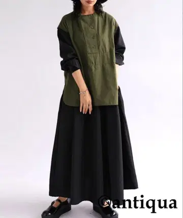 안티카 부잠 컬러 도킹 원피스 카키 x 블랙