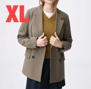 GU 더블 브레스트 체크 자켓 브라운 XL