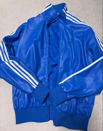 adidas 인조 가죽 트랙 자켓 블루 쓰리 스트라이프