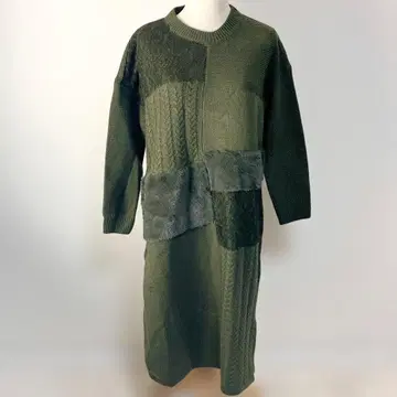 GLANCE 개성파 패치워크 니트 롱 원피스 그린 이소재 믹스