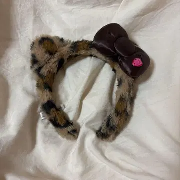 레오파드 무늬 퍼 리본 머리띠