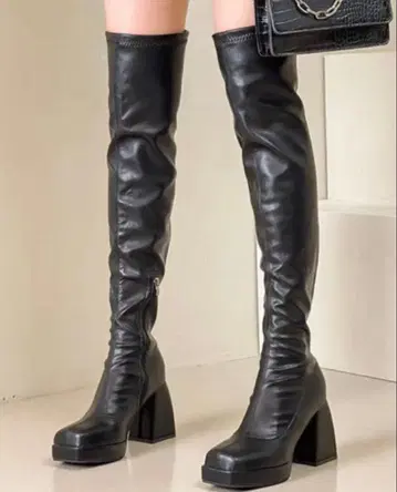 가죽 청키힐 롱 부츠 23.5 M