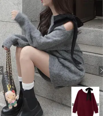 GRL dr796 원숄더 벨로아 리본 니트 원피스 그레이