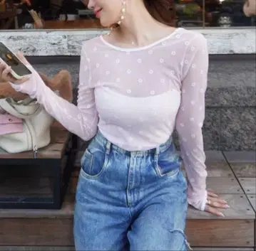 레어 컬러 HYEON 헤 시어 탑 플라워 핑크