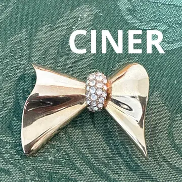 빈티지 CINER 리본 골드 x 큐빅 브로치