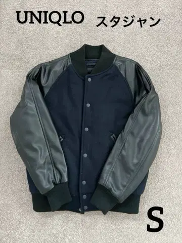 유니클로 네이비 블랙 울 가죽 바시티 자켓