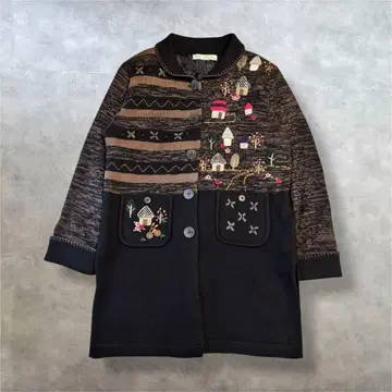 니트 가디건 코트 민족풍 자수 그림책 패턴 블랙 레트로 루즈핏