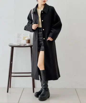 CHICO 금장 버튼 빅 칼라 스탠 칼라 롱 코트