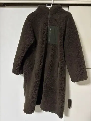 후드 부착 다크 브라운 플리스 플리스 롱 코트 자켓