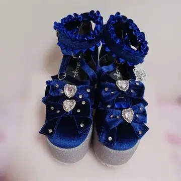 앙크루즈 Ank Rouge 비쥬 벨로아 리본 통굽 신발 블루 파랑