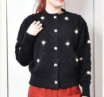 Meridian 꽃 자수 크루넥 가디건 블랙