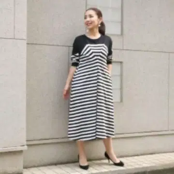 샵 채널 타마미 와타나베 스트라이프 긴팔 A라인 원피스 M